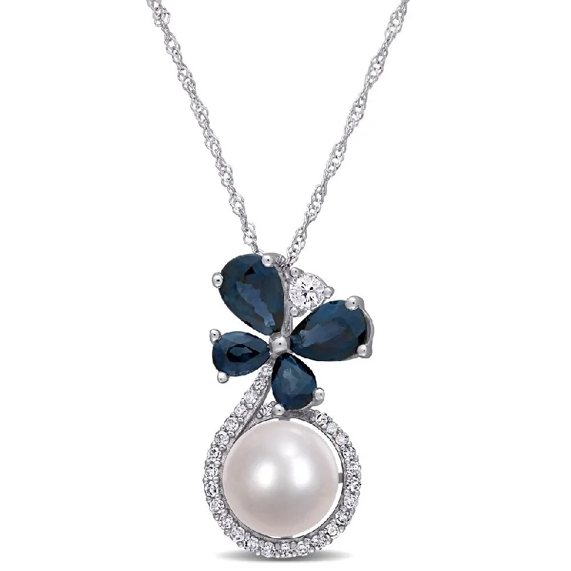 personalized gold charm necklace-Miadora 10k White Gold Cultured FW Pearl Blue White Sapphire 1/8ct TDW Diamond Butterfly Necklace (7.5-8 MM)