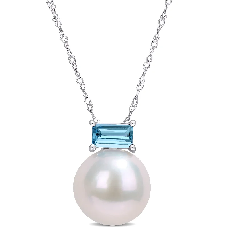 pearl and silver necklace for brides-Miadora 10k White Gold Freshwater Cultured Pearl & London-Blue Topaz Solitaire Necklace (11-12mm) - 15.7 mm x 17 inch x 11.5 mm