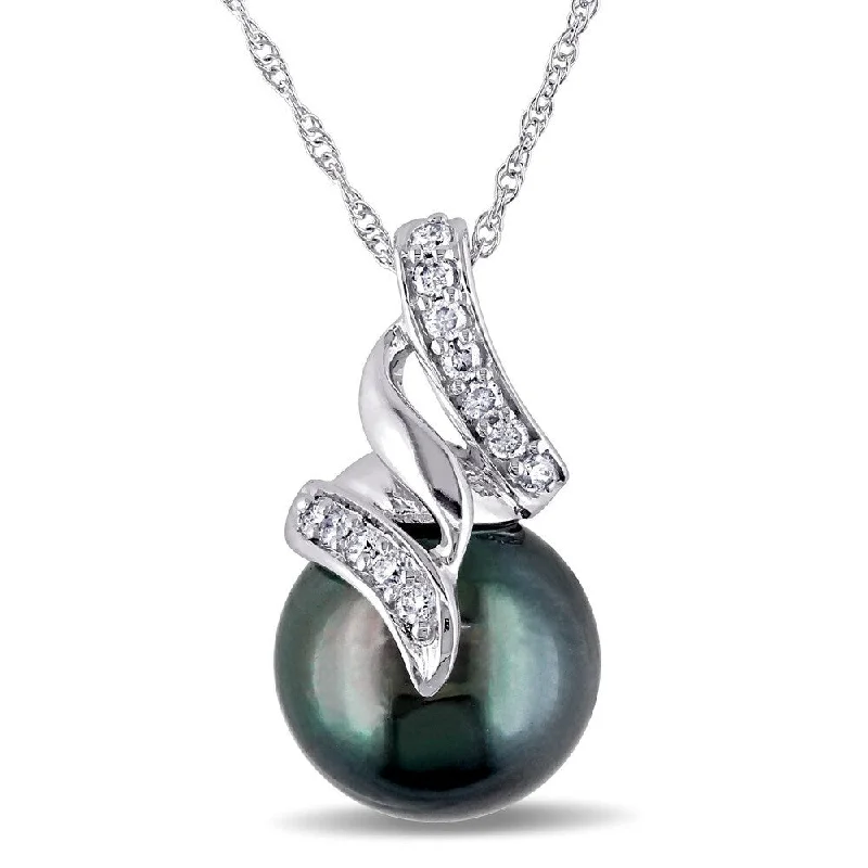 custom moonstone necklace for her-Miadora 10k White Gold Tahitian Black Pearl and 1/10ct TDW White Diamond Necklace (H-I, I2-I3)