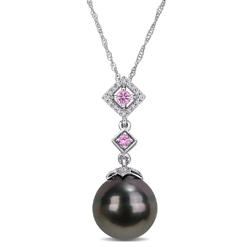 rose gold diamond necklace for women-Miadora 10k White Gold Tahitian Cultured Pearl Pink Sapphire and 1/10ct TDW Diamond Necklace (11-12 MM)