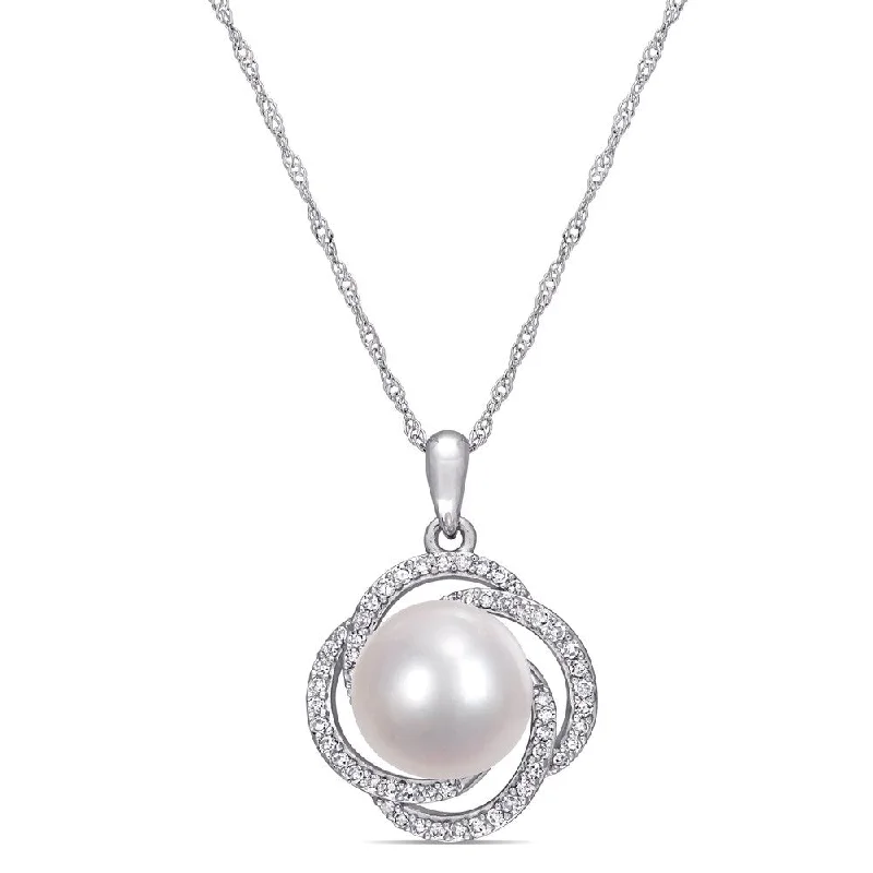 custom zodiac necklace for personal style-Miadora 14k White Gold Cultured FW Pearl and 1/4ct TDW Diamond Crossover Halo Floral Necklace (10-11 MM)