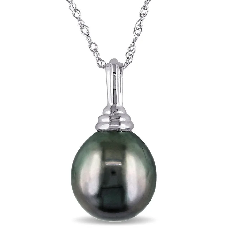 elegant sterling silver necklace for weddings-Miadora 14k White Gold Cultured Tahitian Drop Pearl Necklace (9-10 mm)