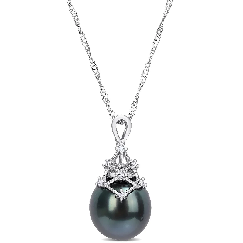 men’s gold chain necklace for daily wear-Miadora Black Tahitian Cultured Pearl and Diamond Accent Drop Pendant in 14k White Gold (9-10mm)