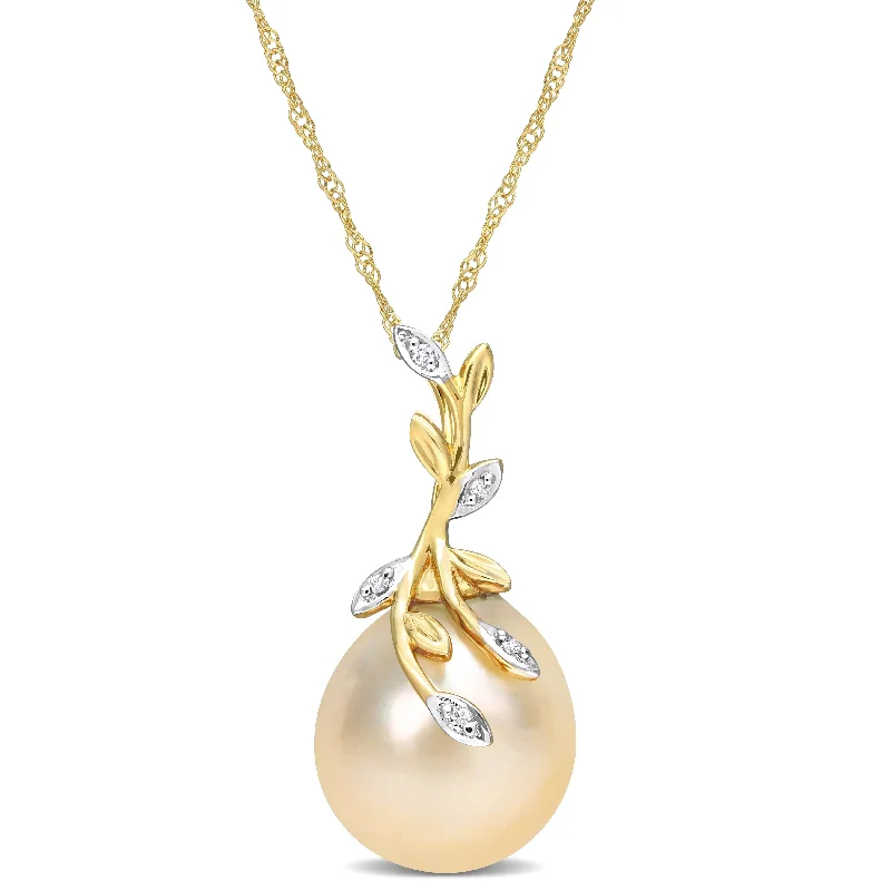 unique pearl necklace for special occasions-Miadora Golden South Sea Cultured Pearl & Diamond Accent Leaf Pendant in 14k Yellow Gold (12-12.5mm)