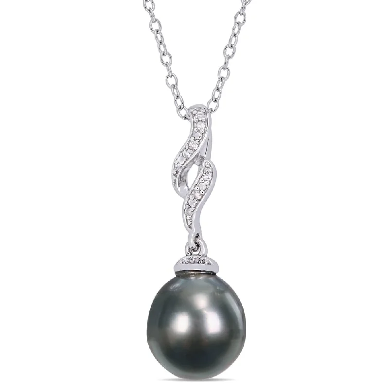 long gold chain necklace for layering-Miadora Sterling Silver Black Tahitian Cultured Pearl & Diamond Swirl Drop Necklace (9.5-10 mm)