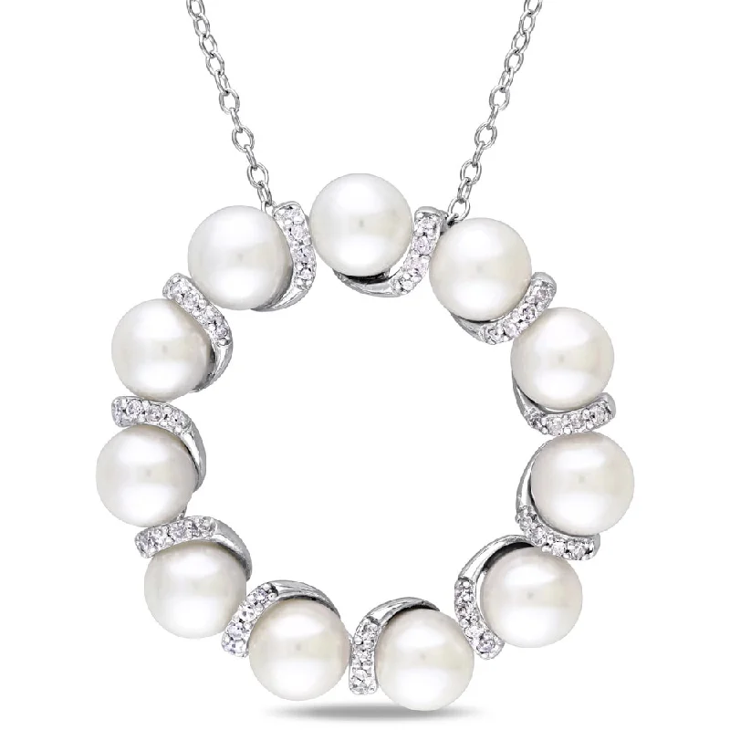 diamond eternity necklace for engagement-Miadora Sterling Silver Cultured Freshwater Pearl and 1/5ct TDW Diamond Clustered Open Ring Necklace - White