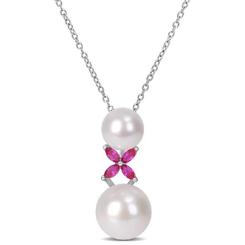 dainty gold choker necklace-Miadora Sterling Silver Cultured FW Pearl and Created Ruby 'XO' Drop Necklace (8-12 MM)