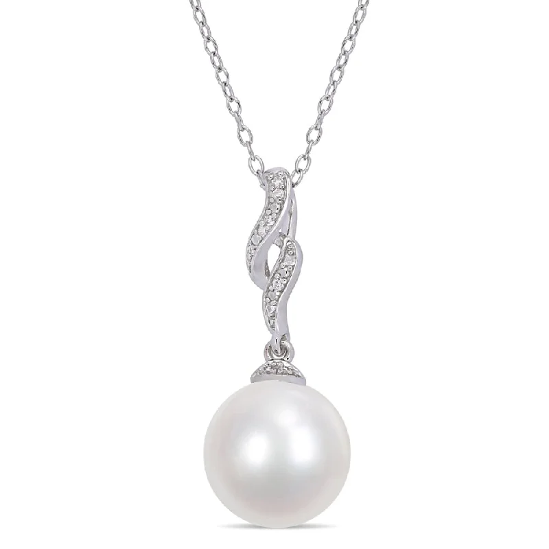 custom engraved photo necklace for women-Miadora Sterling Silver Cultured FW Pearl & Diamond Interlaced Drop Necklace (11-12mm)