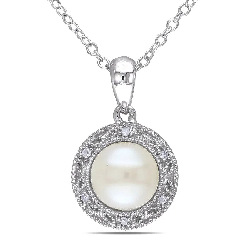 elegant gold necklace for everyday wear-Miadora Sterling Silver Freshwater White Pearl and Diamond Necklace (7-7.5)