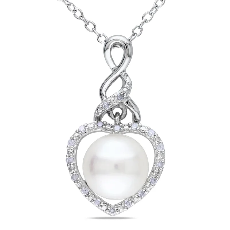 rose gold chain necklace for women-Miadora Sterling Silver Pearl and Diamond Accent Heart Necklace (8-8.5 mm)