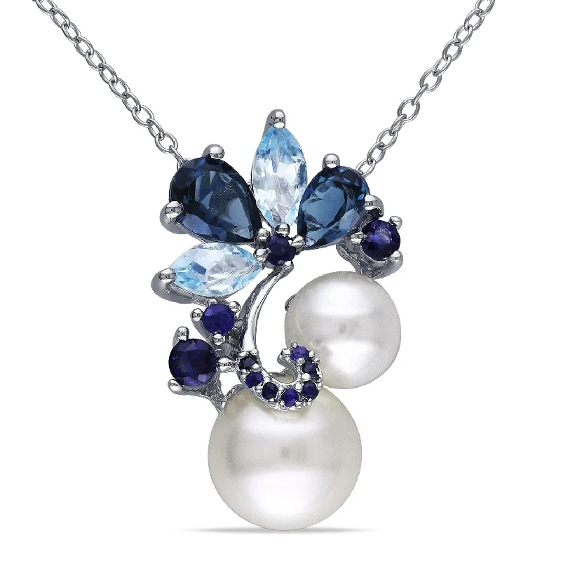 vintage gemstone pendant necklace for women-Miadora Sterling Silver Pearl, London Sky Topaz, and Sapphire Drop Pendant Necklace (7 - 9 mm)