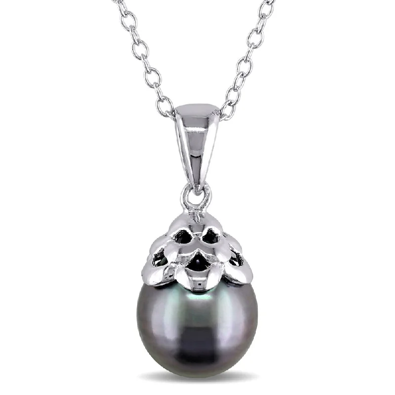 custom engraving necklace for gifts-Miadora Sterling Silver Tahitian Black Pearl Necklace (9-10 mm)