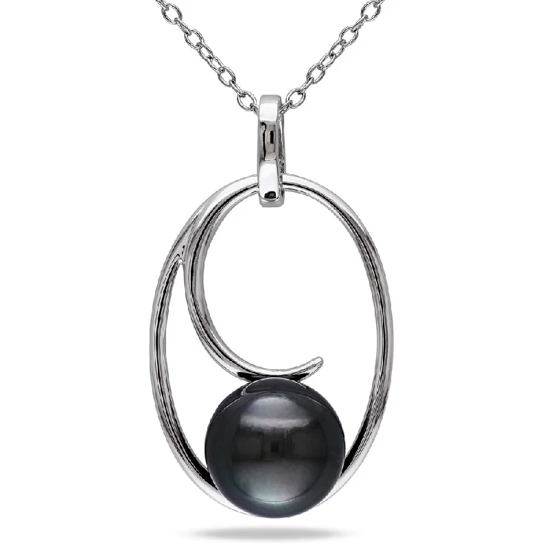 simple gold pendant necklace for daily wear-Miadora Sterling Silver Tahitian Black Pearl Necklace (9-10 mm)