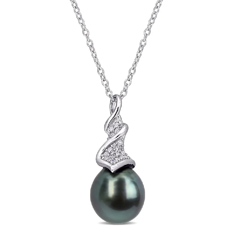 custom engraved pendant necklace-Miadora Sterling Silver Tahitian Cultured Pearl and 1/10ct TDW Diamond Crossover Necklace (9-9.5 MM)