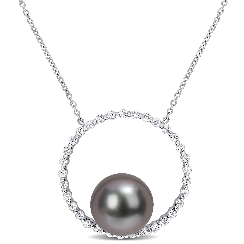 engraved bar necklace for men-Miadora Tahitian Cultured Pearl & White Sapphire Circle of Life Necklace in 10k White Gold (9.5-10mm)