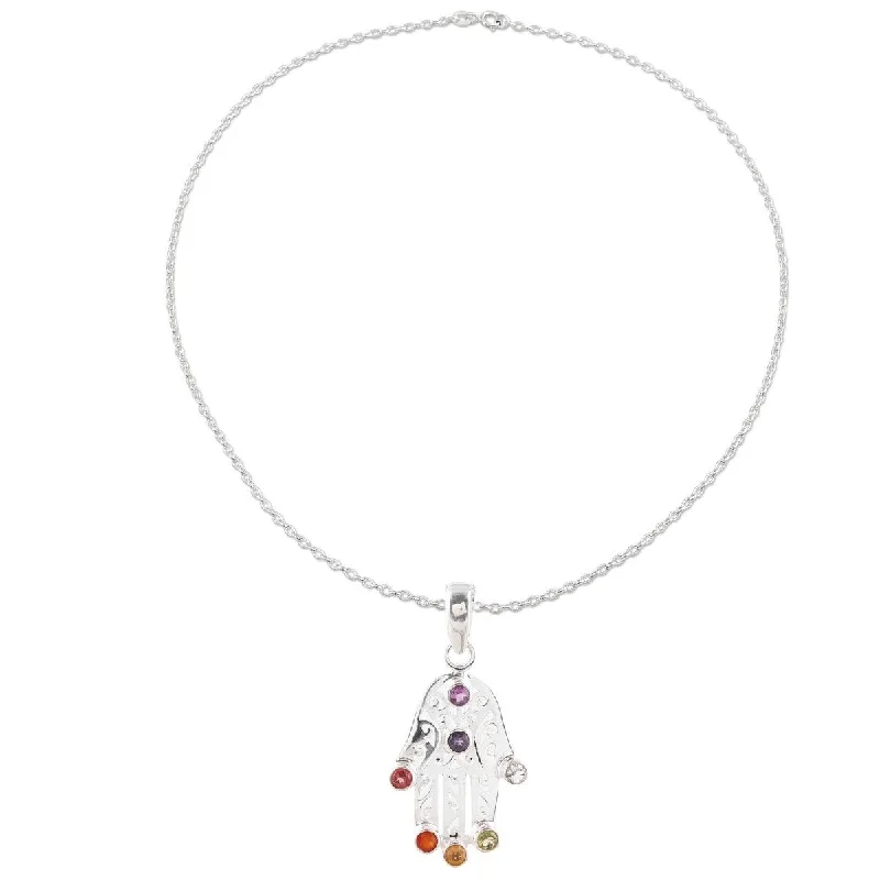 gold plated diamond necklace for women-NOVICA Hamsa Chakra, Multi-gemstone pendant necklace