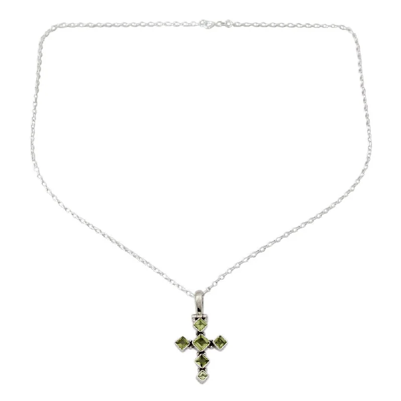 crystal pendant necklace for energy healing-NOVICA Handmade Peridot Cross Necklace, 'Joyous Cross' (India)