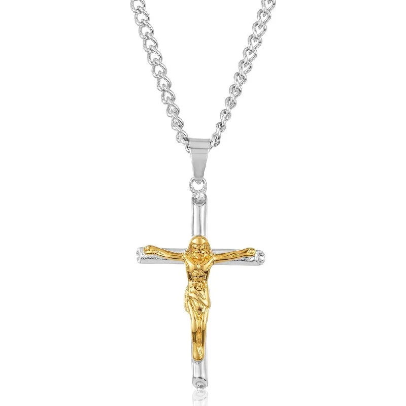 sterling silver diamond necklace for women-Two-Tone Stainless Steel Crucifix Cross Pendant