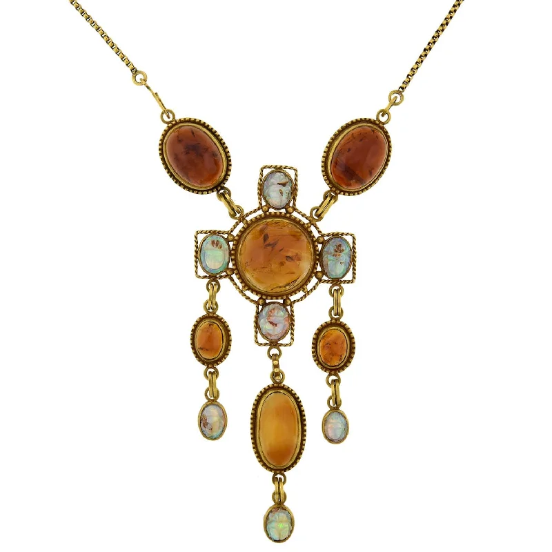 silver coin necklace for men-Art Nouveau Egyptian Revival 14kt Amber + Carved Opal Scarab Necklace