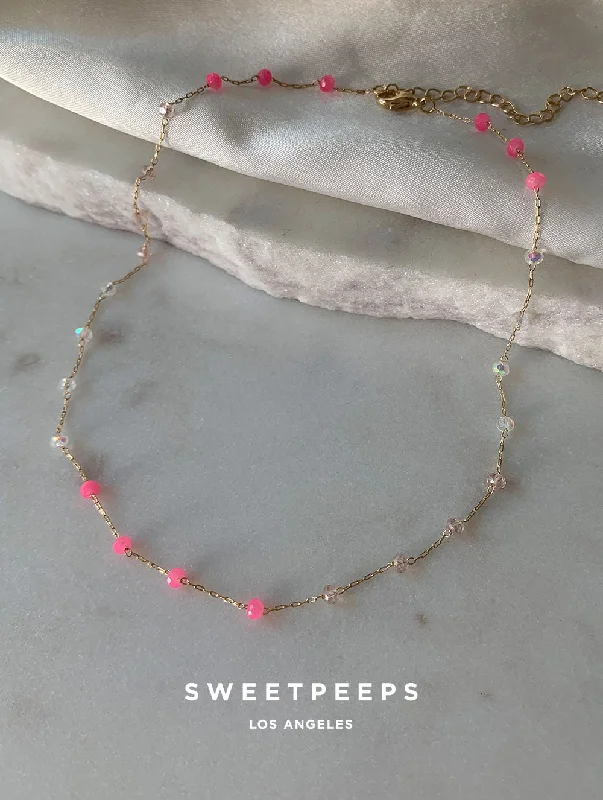 minimalist bar pendant necklace for layering-Pink & White Beaded Choker