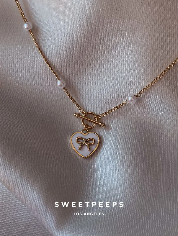 custom birthstone charm necklace-Ribbon Heart Coquette Necklace