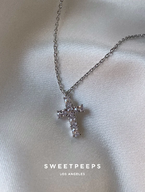 long gold pendant necklace for layering-Silver Tiny Diamond Cross Necklace