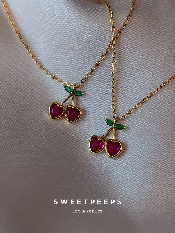 gold rope chain necklace for men-Sweet Cherry Hearts Necklace