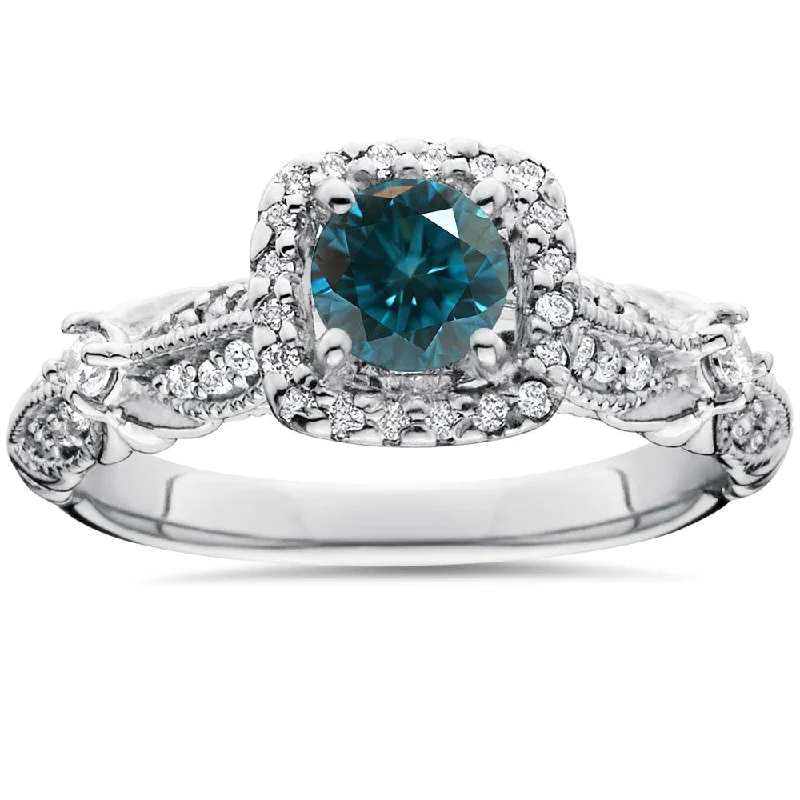 diamond engagement rings with emeralds-1 1/2ct Blue Diamond Cushion Halo Engagement Ring 14K White Gold Lab Grown Size Selectable