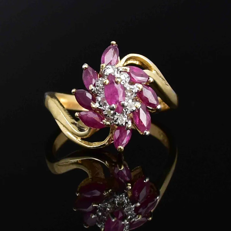 engagement rings for him with sapphires-10K Gold Marquise Cut Ruby Diamond Pinwheel Statement Ring