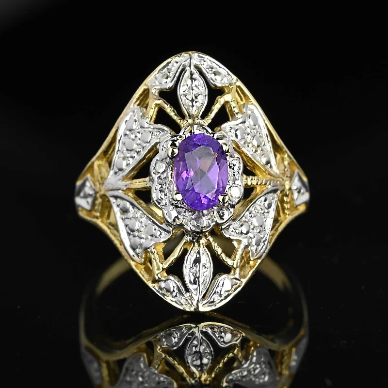 wedding rings for men with rubies-10K White & Yellow Gold Floral Panel Amethyst Ring