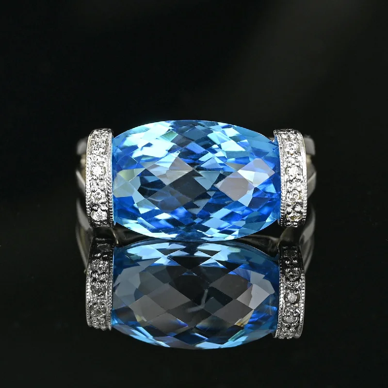 wedding bands with sapphire stones for men-14K White Gold Checkerboard Blue Topaz Diamond East West Ring