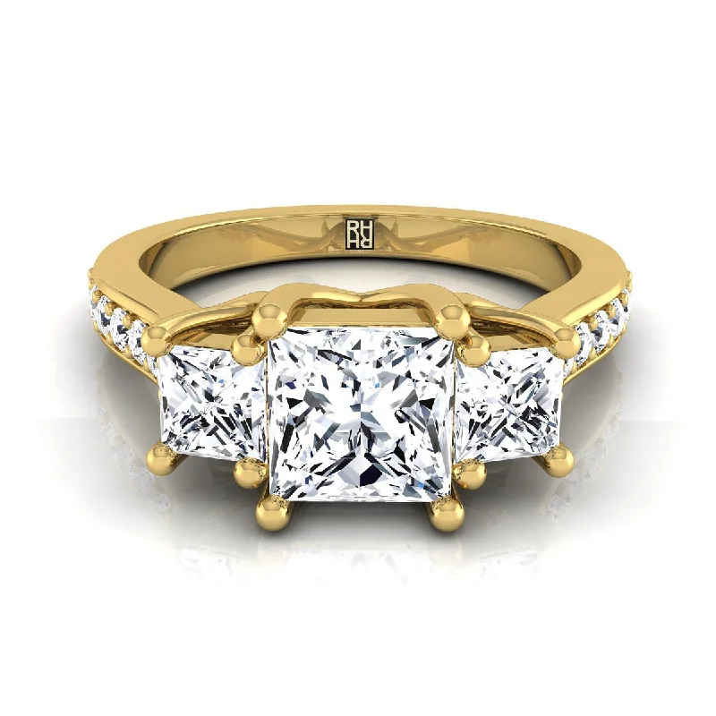 men’s rings with diamonds and gemstones-18K Yellow Gold Princess Cut Diamond Three Stone Classic with Channel French Pave Engagement Ring -3/4ctw