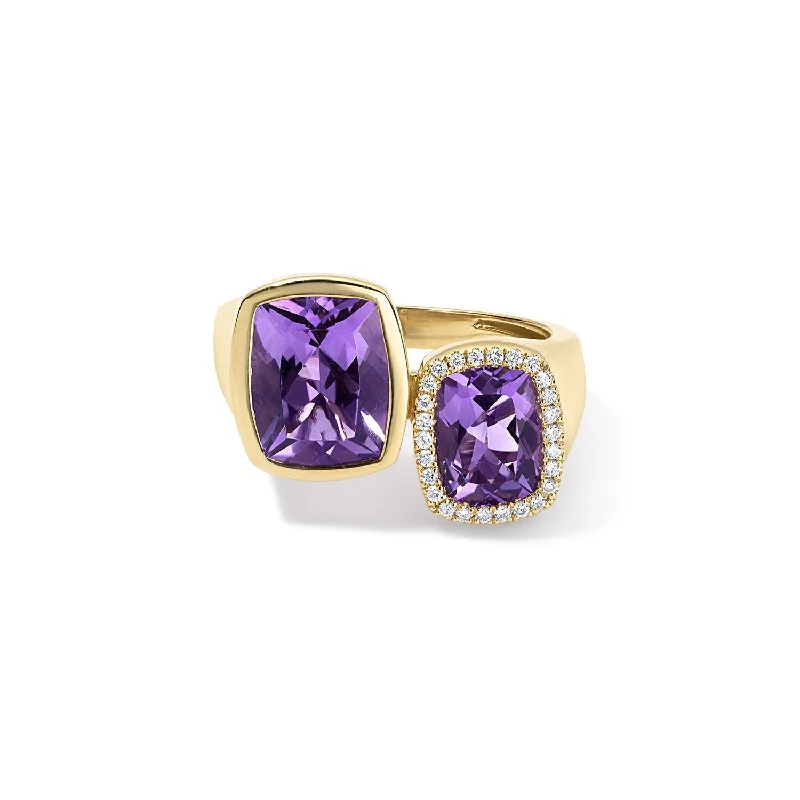 gold wedding bands with sapphire-Amethyst Toi Et Moi Ring with Diamond Halo