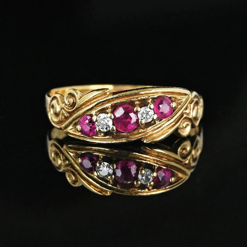 stackable engagement rings with diamonds-Antique 14K Gold Five Stone Diamond Ruby Ring Band