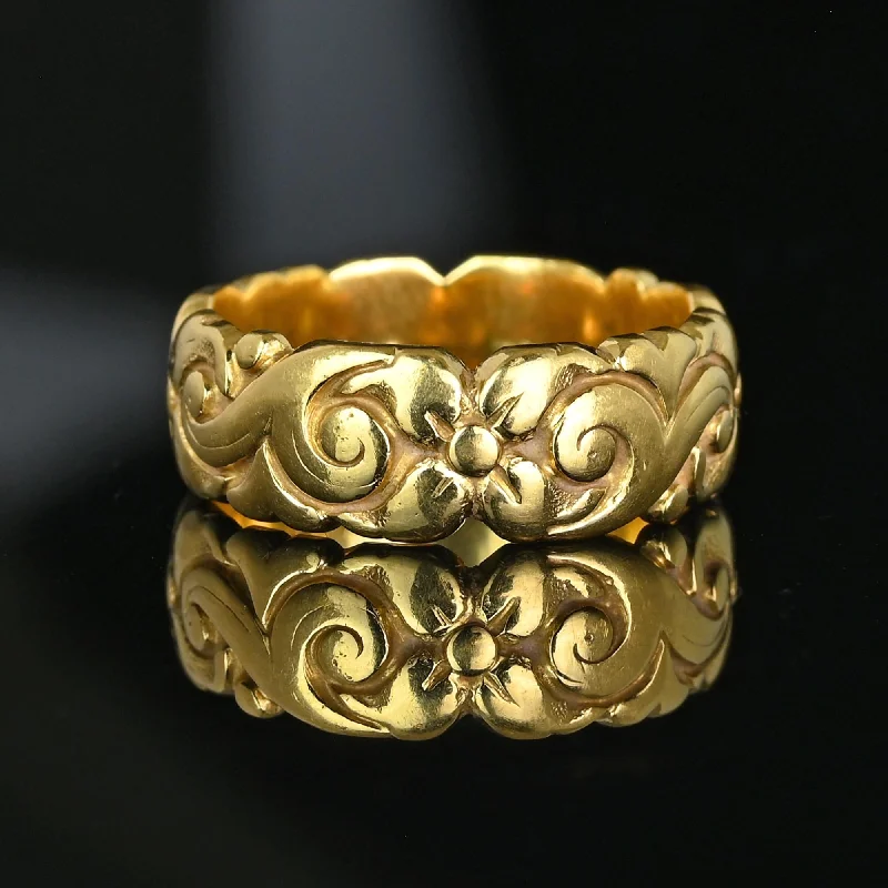 custom engagement rings for men-Antique 18K Gold Floral Carved Wide Wedding Ring Band