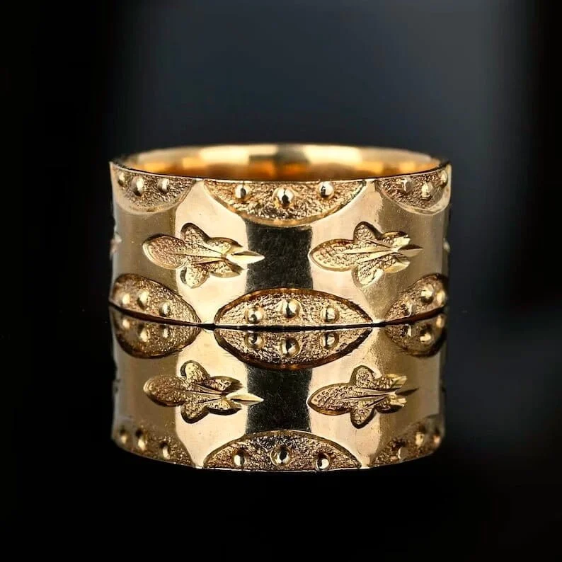 stackable diamond rings for men-Antique Edwardian Wide 14K Gold Oak Leaf Ring Band