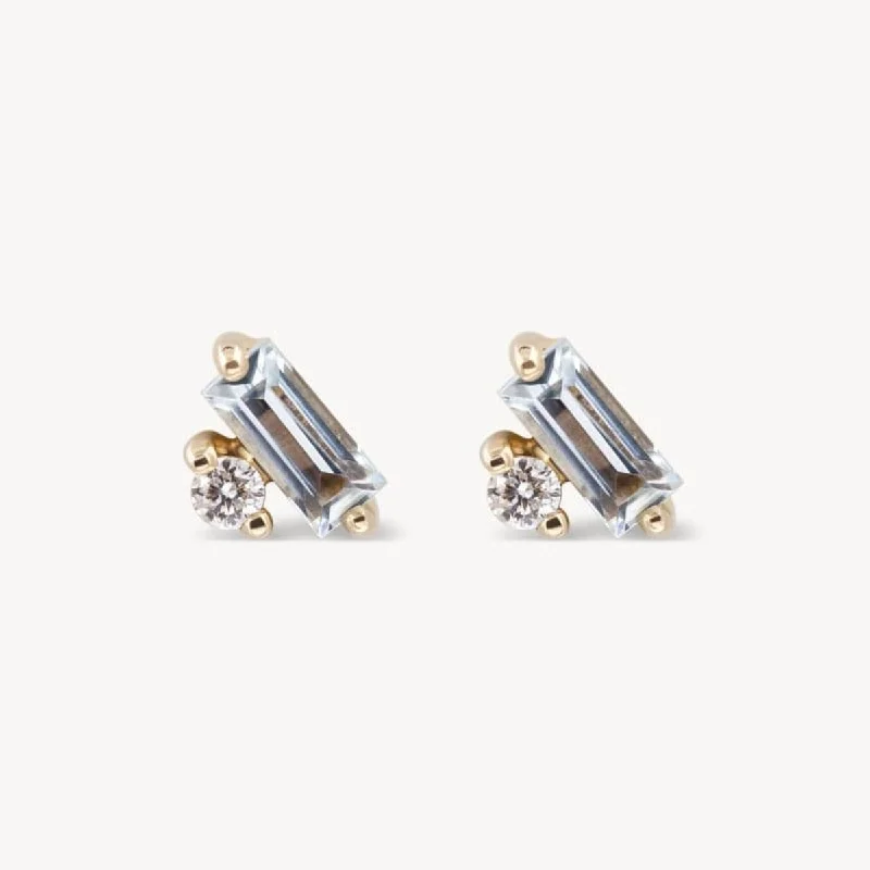 classic gemstone earrings for timeless beauty -Tiny Aquamarine Baguette Diamond Stud