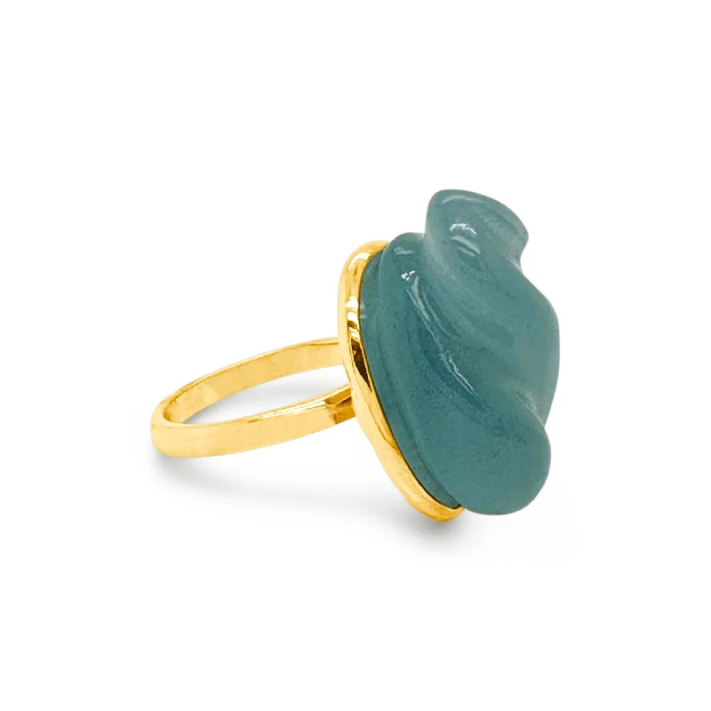 vintage wedding bands for women with gemstones-Aquamarine Carved Ring In 18K Yellow Gold