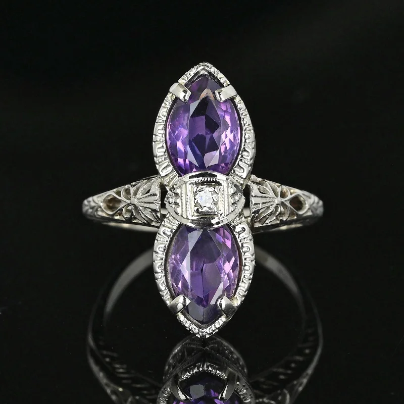 simple rings with sapphires-Art Deco 14K White Gold Filigree Diamond Amethyst Ring