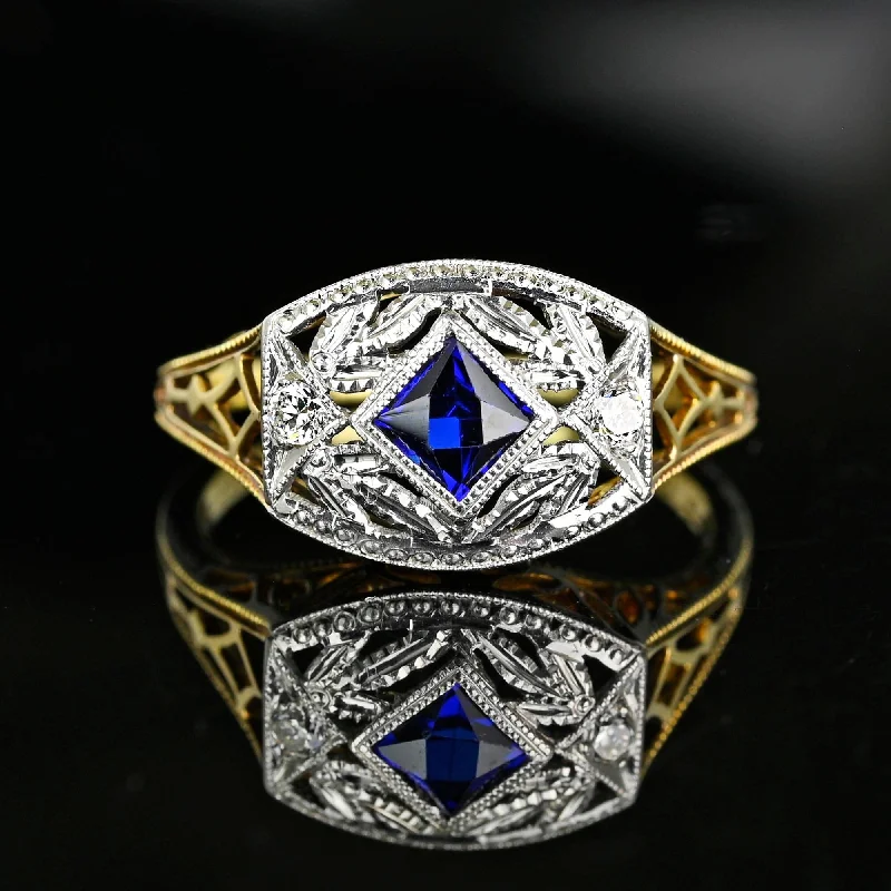 wedding rings for men with rubies-Art Deco Gold Filigree Diamond French Cut Sapphire Ring