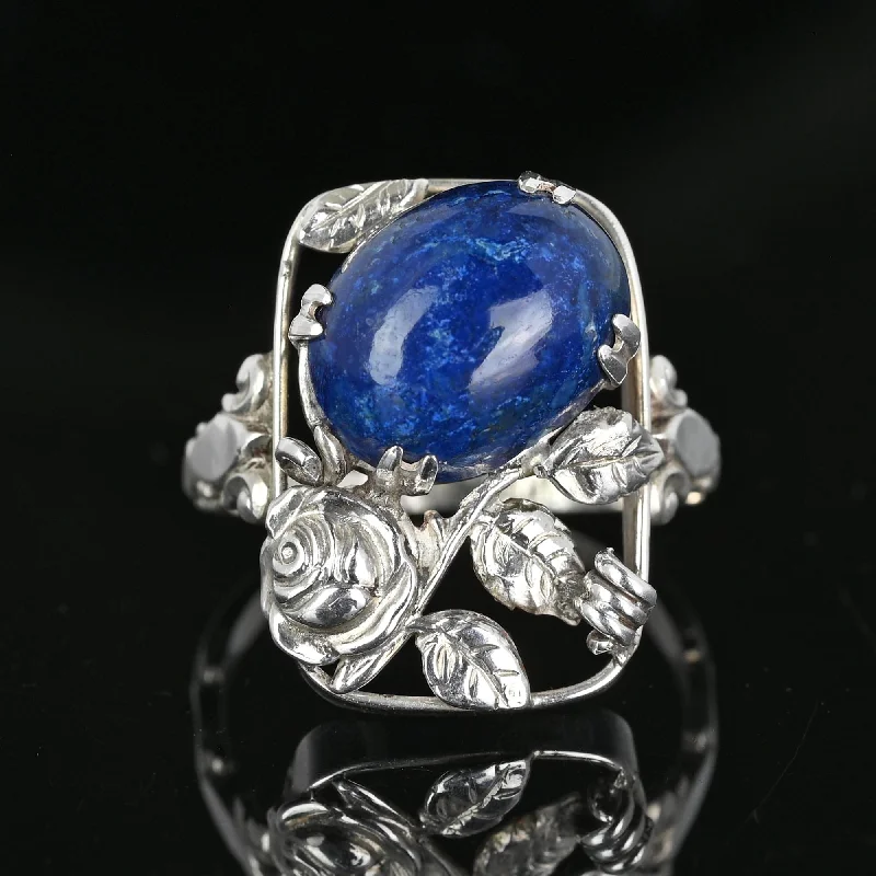 elegant promise rings for couples-Arts & Crafts Rose and Leaf Silver Lapis Lazuli Ring