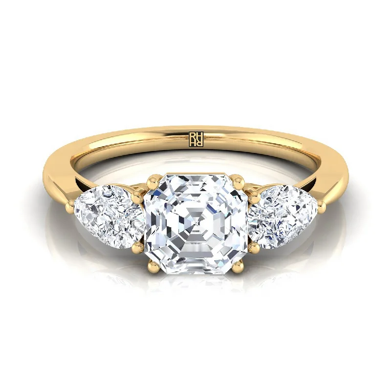 gemstone wedding rings for men-18K Yellow Gold Asscher Cut Diamond Perfectly Matched Pear Shaped Three Diamond Engagement Ring -7/8ctw