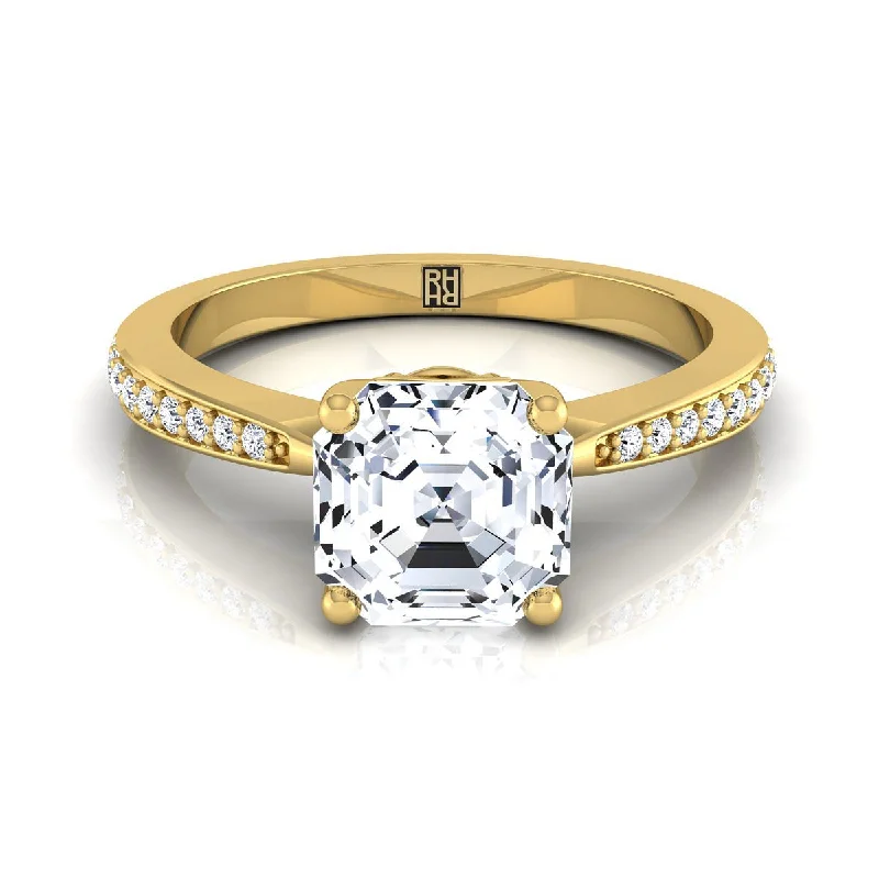 affordable gold wedding bands-18K Yellow Gold Asscher Cut Diamond Tapered Pave Engagement Ring -1/8ctw