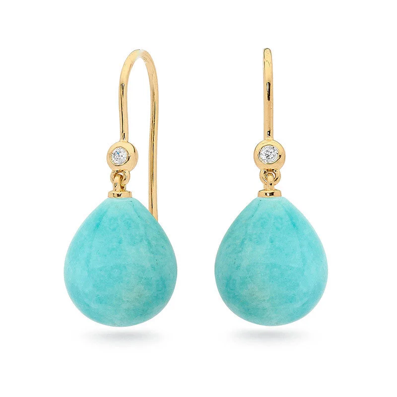 gold-plated earrings for affordable luxury -Bezel set diamond and teardrop shape gemstone drop hook earrings