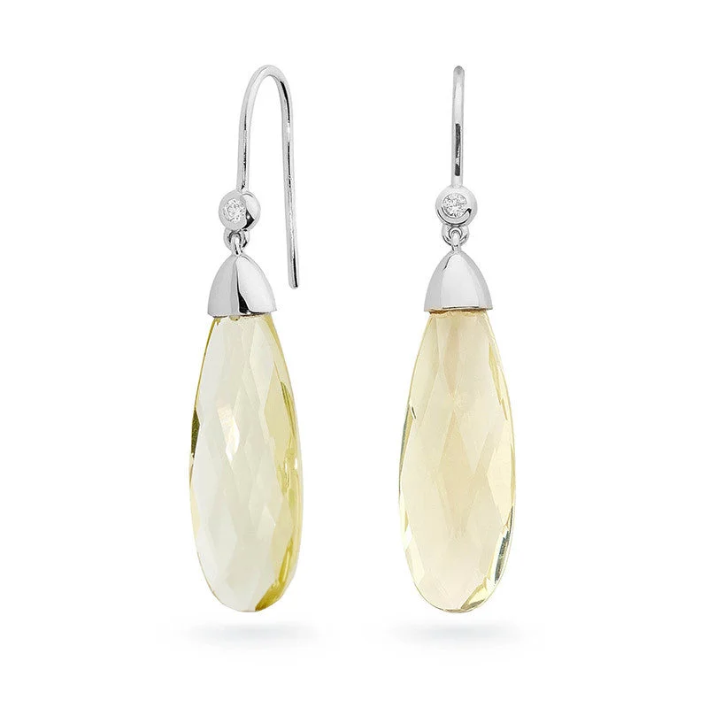 geometric drop earrings for modern appeal -Bezel set diamond hook earrings with 18ct gold capped lemon Quartz pear shape flat drops