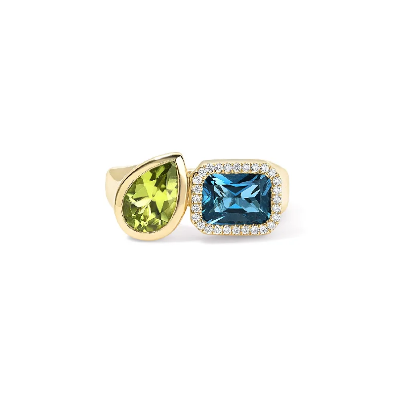 men’s signet rings with diamonds-Blue Topaz and Peridot Toi Et Moi Ring with Diamond Halo