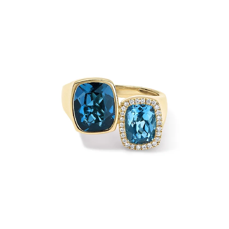 men’s rings with diamonds and gemstones-Blue Topaz Toi Et Moi Ring with Diamond Halo