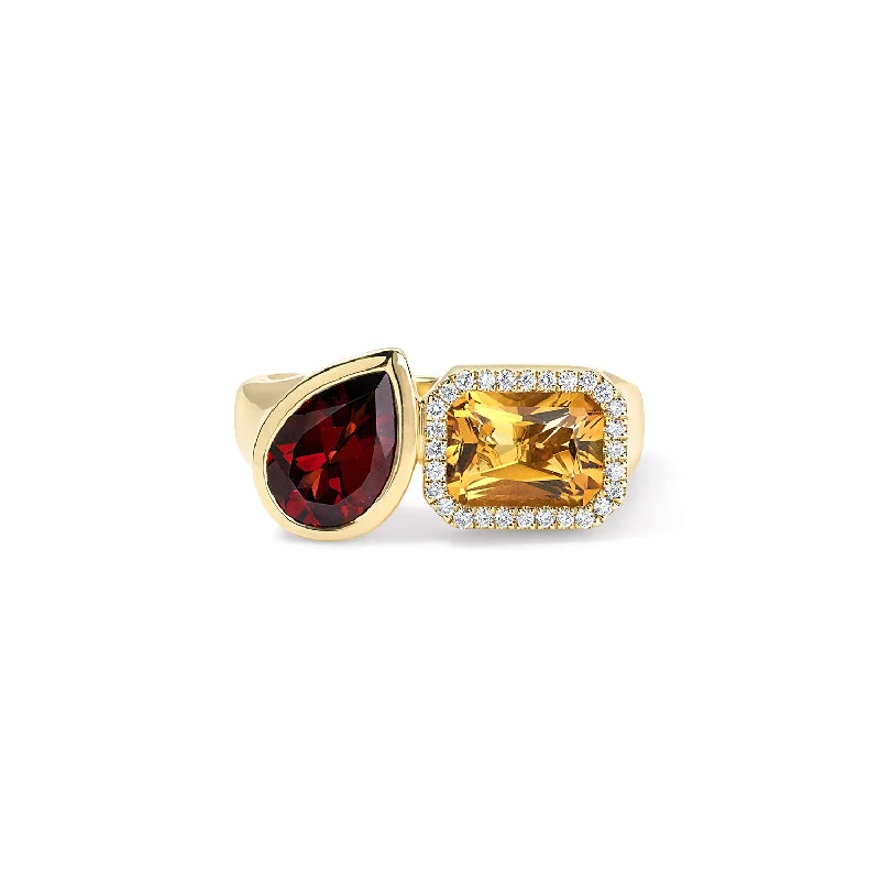 wedding rings with diamonds and sapphires-Citrine and Garnet Toi Et Moi Ring with Diamond Halo