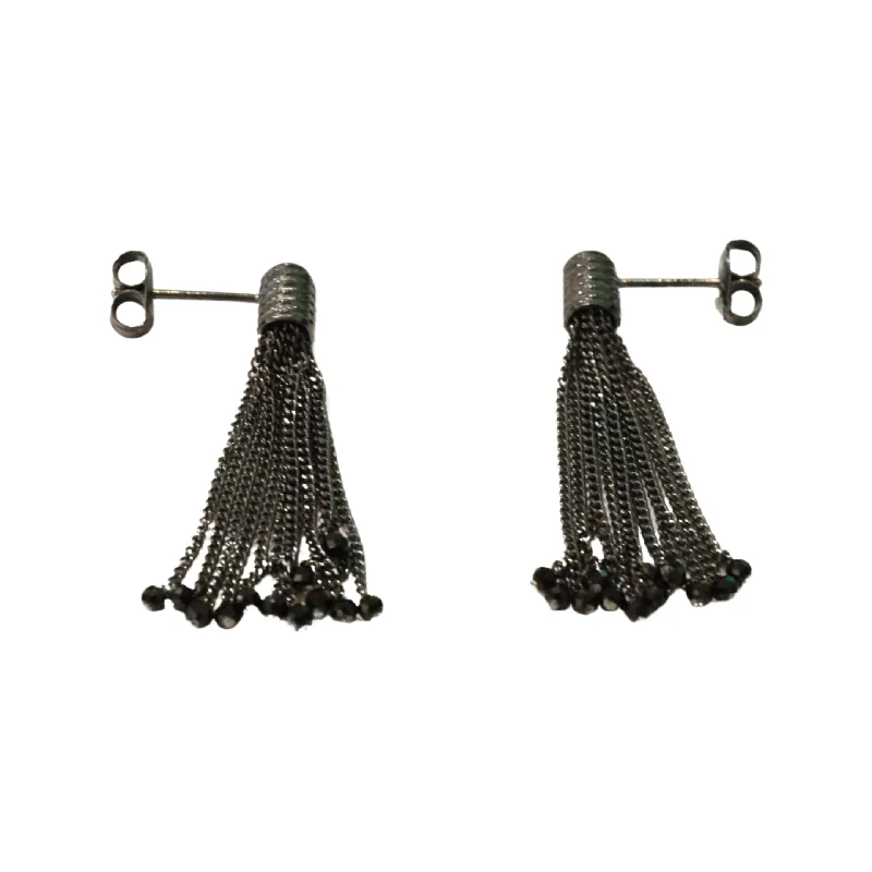 luxury gold earrings for elegant evenings -Oxidized Sterling Silver 15 Strands Tassel Earrings with Black Spinels