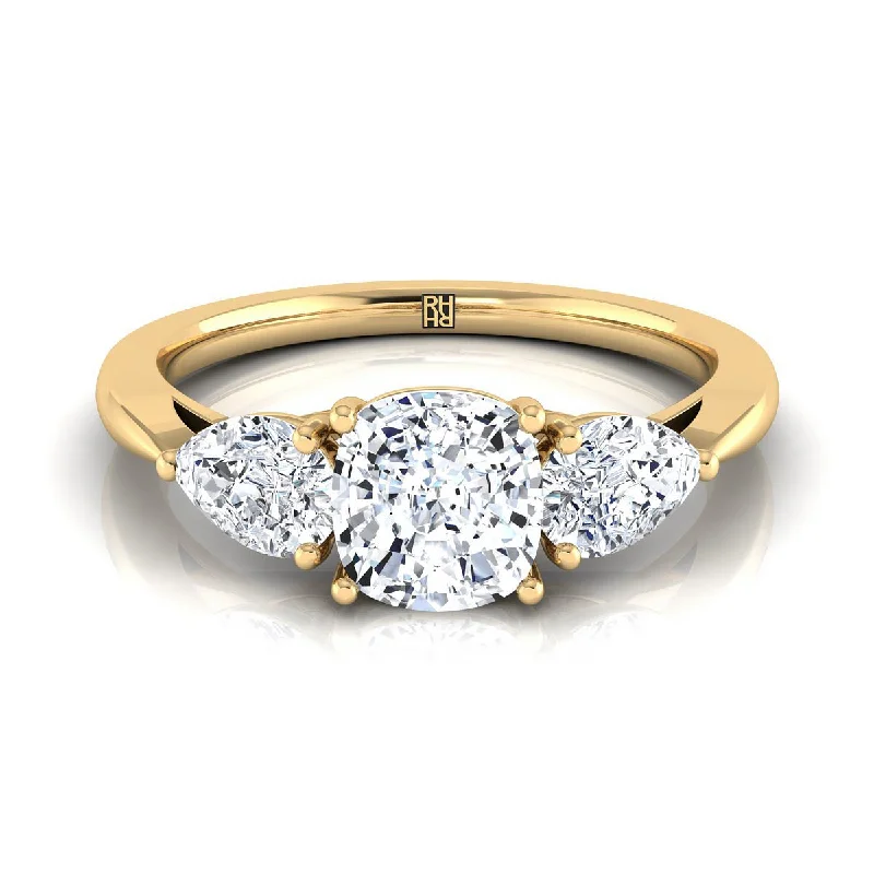 unique wedding rings with birthstones-18K Yellow Gold Cushion Diamond Perfectly Matched Pear Shaped Three Diamond Engagement Ring -7/8ctw